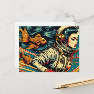 astronaut woman and gold fish retro unique postcard