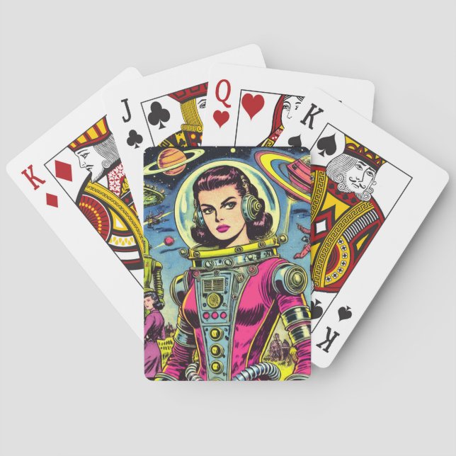 Astronaut Woman Vintage Sci-Fi Comics Playing Cards (Back)