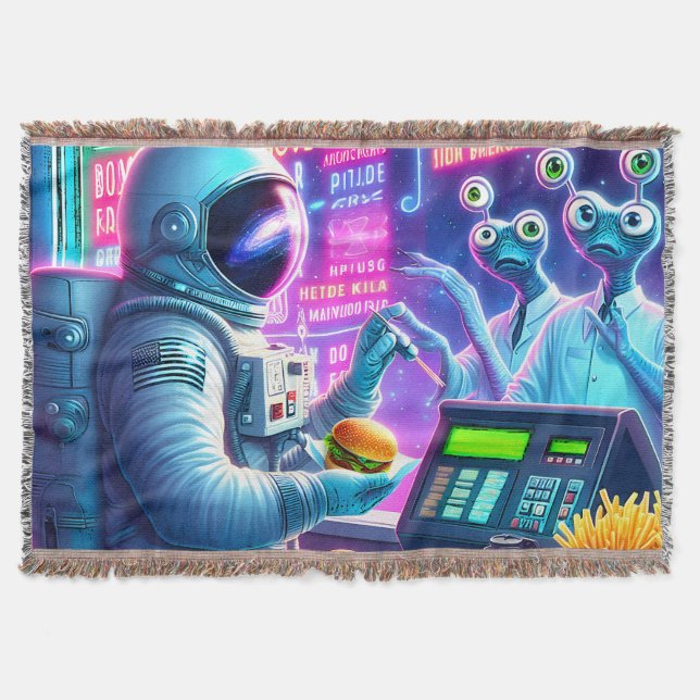 Astronaut's Cosmic Burger Adventure Throw Blanket (Front)