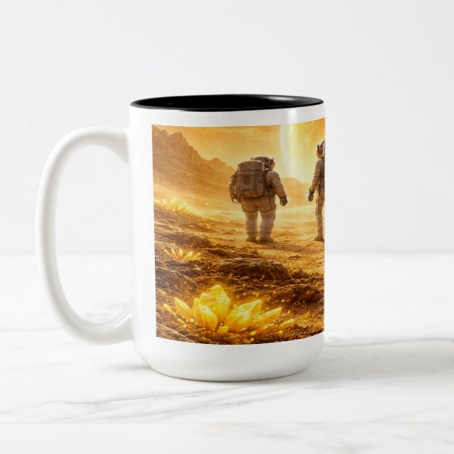Astronauts explore yellow planet Two-Tone coffee mug (Left)