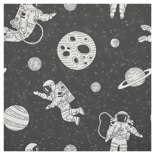 Astronauts in outer space  black and white fabric (Swatch)