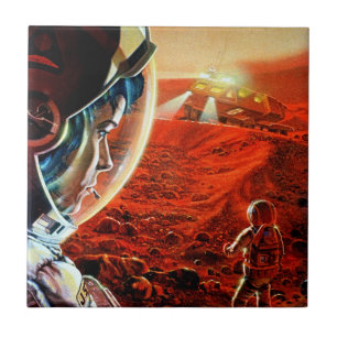 Astronauts on Mars in a Dust Storm - Retro Space Ceramic Tile