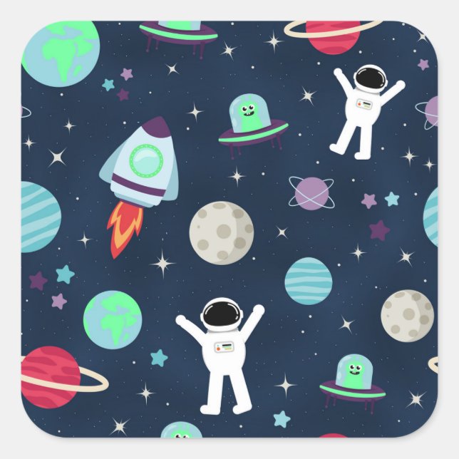 Astronauts Planets Rockets and Aliens Square Sticker (Front)