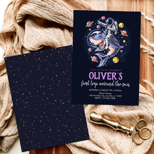 Astronauts ride a shark in space with the planets  invitation