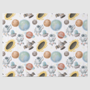 Astronauts, Rockets and Planets on White Decoupage Tissue Paper