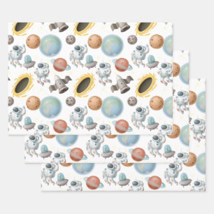 Astronauts, Rockets and Planets on White Wrapping Paper Sheet