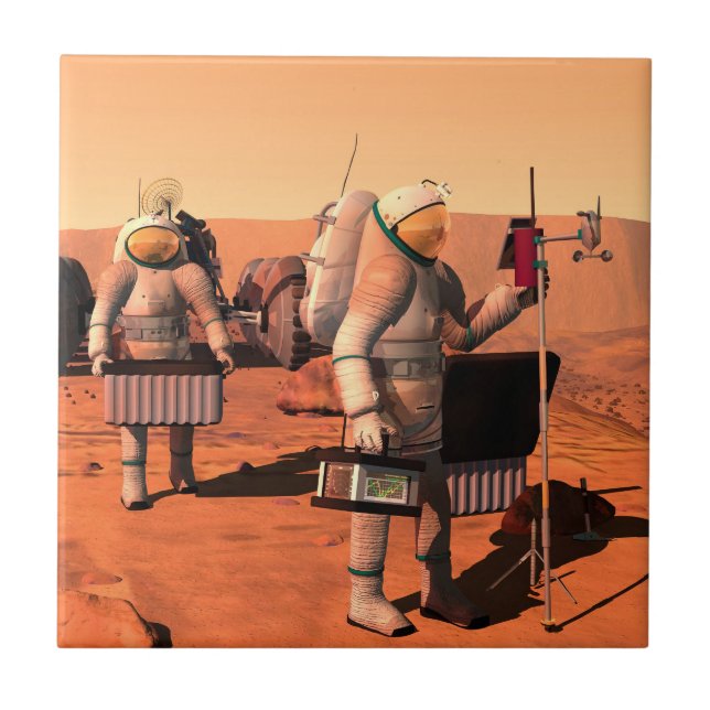 Astronauts Setting Up Weather Equipment On Mars. Ceramic Tile (Front)