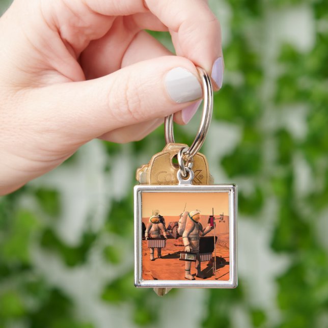 Astronauts Setting Up Weather Equipment On Mars. Key Ring (Hand)