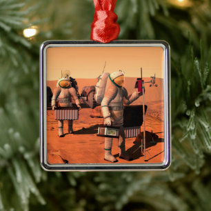 Astronauts Setting Up Weather Equipment On Mars. Metal Ornament