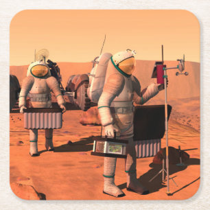 Astronauts Setting Up Weather Equipment On Mars. Square Paper Coaster