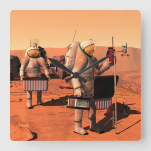 Astronauts Setting Up Weather Equipment On Mars. Square Wall Clock