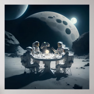Astronauts Sitting At Around Table On The Moon Poster