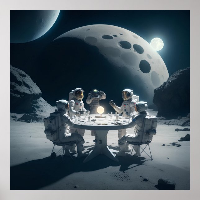 Astronauts Sitting At Around Table On The Moon Poster (Front)