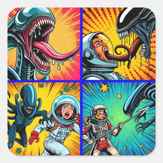 Astronauts vs Alien Pop Art Square Sticker (Front)