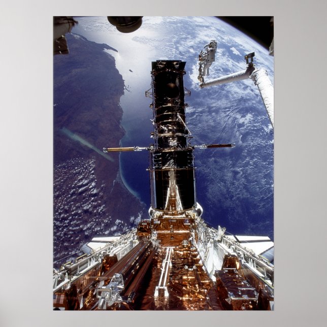 Astronauts working on Hubble docked with Endeavour Poster (Front)