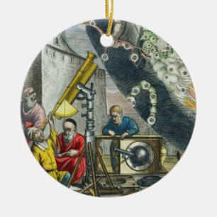 Astronomers looking through a telescope, detail fr ceramic tree decoration