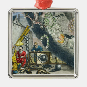 Astronomers looking through a telescope, detail fr metal ornament