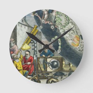Astronomers looking through a telescope, detail fr round clock