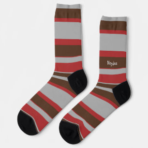 Asymmetric Stripes Horizontal Lines Gray Red Brown Socks