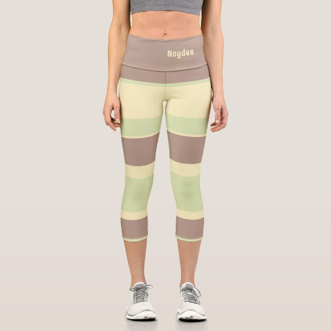 Asymmetric Stripes Lines Brown Yellow Green Capri Leggings (Front)