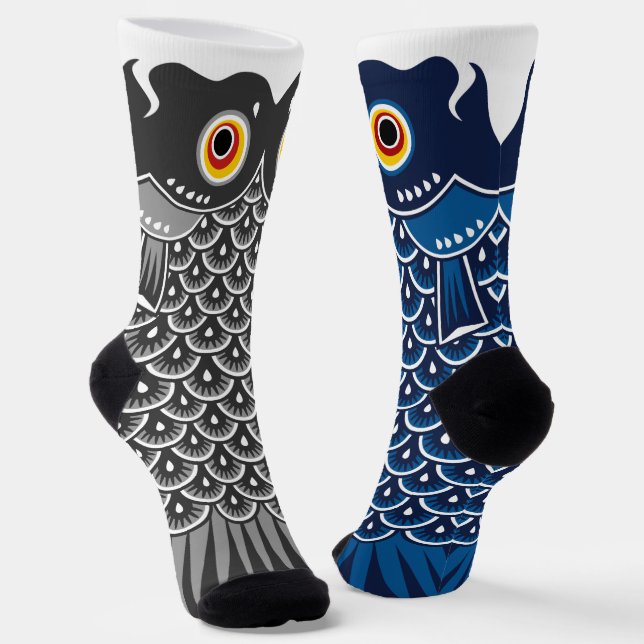 Asymmetrical Black and Blue Koinobori Carp Socks (Angled)