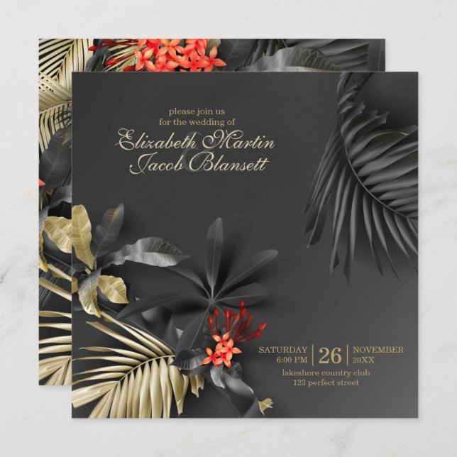 Asymmetrical Elegant Dark Tropical Floral Wedding Invitation (Front/Back)