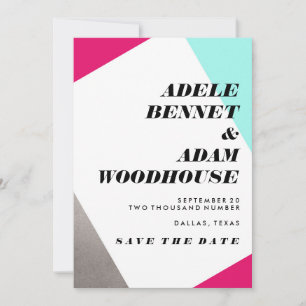 Asymmetrical Hot Pink & Turquoise Save the Date