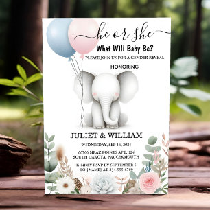 At Big Zoo Baby White Elephant Birth Gender Reveal Invitation