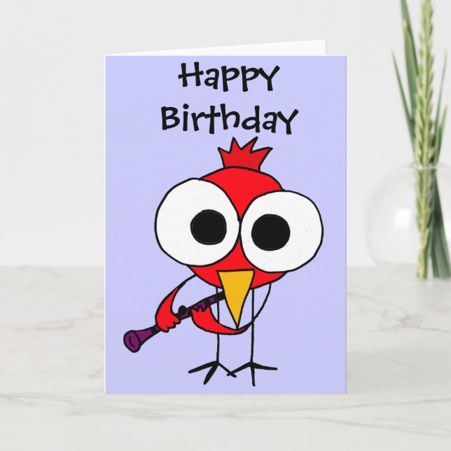 AT- Cardinal Bird Playing Clarinet Cartoon Card (Front)
