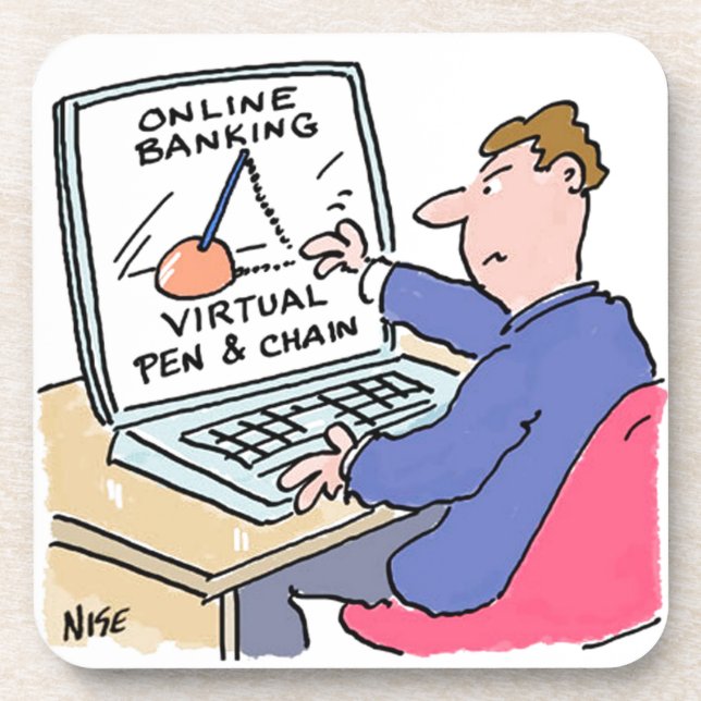 At Computer Online Banking Funny Cartoon Coaster (Front)