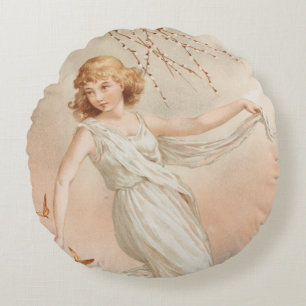 "At Easter Joy" - Vintage Print, L. Prang & Co. Round Cushion