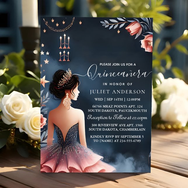At Glam Ball Gown Spark Dark Navy Blue Quinceanera Invitation (Creator Uploaded)