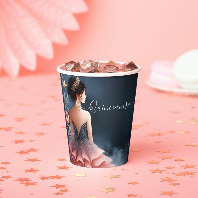 At Glam Ball Gown Spark Dark Navy Blue Quinceanera Paper Cups (Insitu)