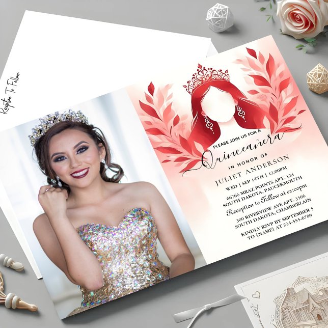 At Hot Pink Crown Tiara Black Lace Red Quinceanera Invitation (Creator Uploaded)