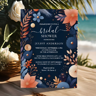 At Hydrangea Metallic Pure Navy Blue Bridal Shower Invitation