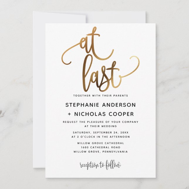At Last Black Gold Script Typography Wedding  Invitation (Front)