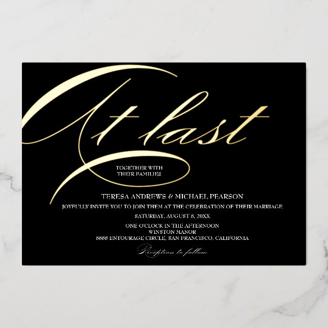 At last Calligraphy Elegant Typography Wedding Foil Holiday Card (Front)