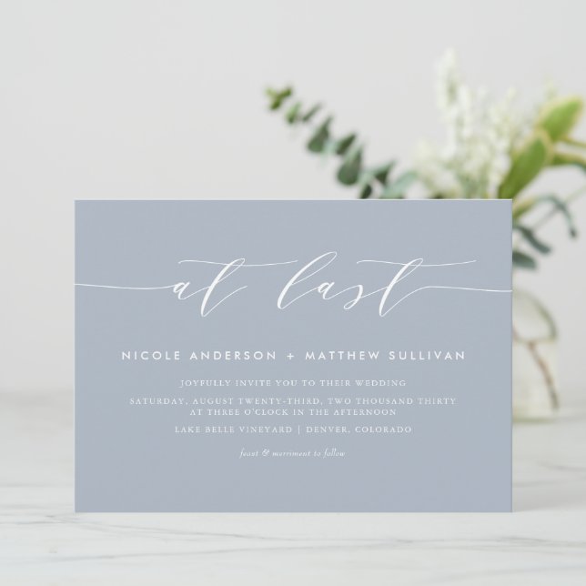 At Last Dusty Blue Minimalist Script Wedding Invitation (Standing Front)