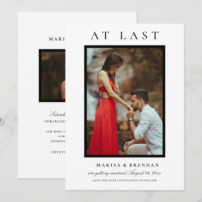 At Last Elegant Black and White Photo Save The Date (Front/Back)