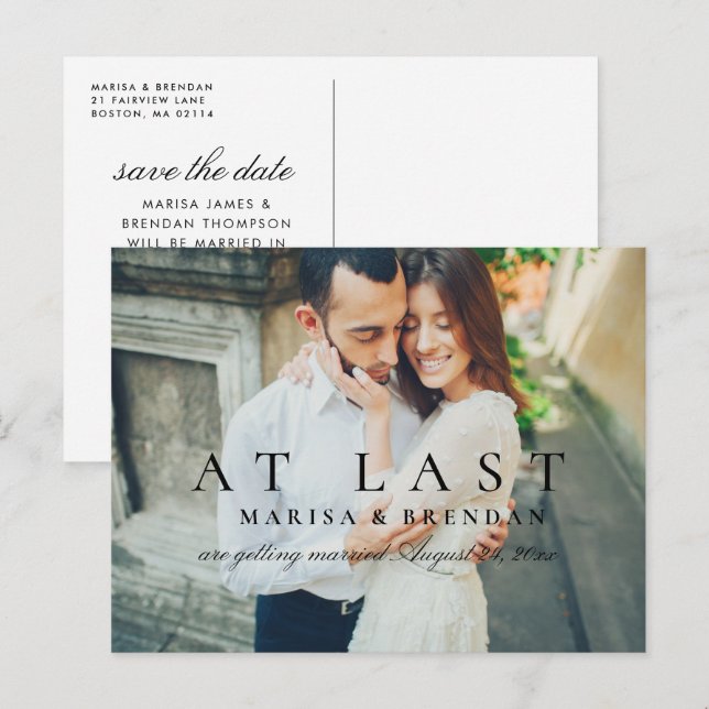 At Last Elegant Black White Photo Save the Date Announcement Postcard (Front/Back)