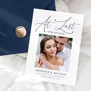 At Last Navy Script Photo Engagement Announcement