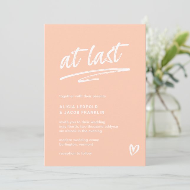 At Last Peach Typography Modern Wedding Invitation (Standing Front)