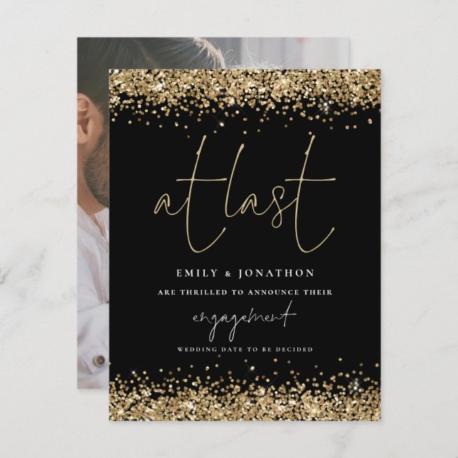 At Last Photo Gold Glitter Engagement Announcement (Front/Back)