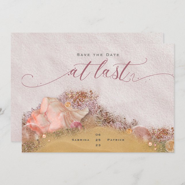At Last Pink Sandy Beach with Glitzy Seashells Invitation (Front/Back)