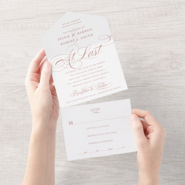 At Last Rose Gold Calligraphy Wedding All In One Invitation (Tearaway)