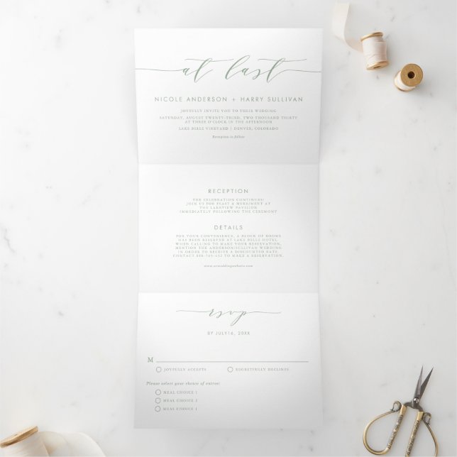 At Last Sage Green Minimalist Script Wedding Tri-Fold Invitation (Inside)
