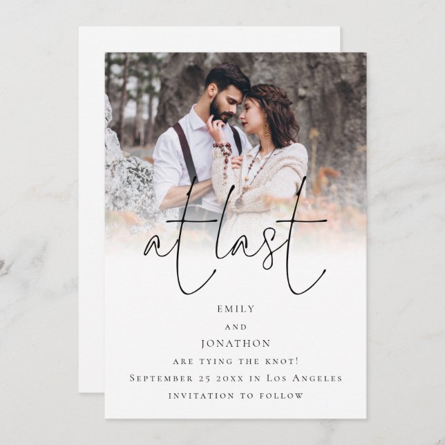 At Last Script Photo Overlay QR Code Wedding  Save The Date (Front/Back)