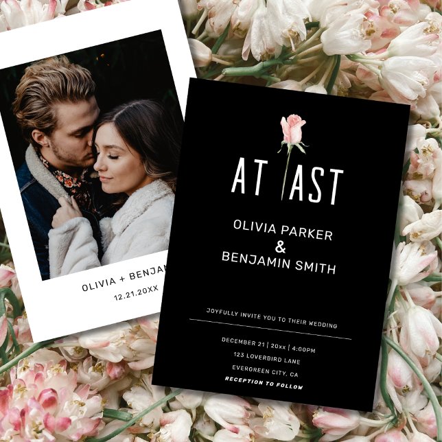 At Last Single Pink Rose Minimalist Black Wedding  Invitation (At Last Photo Rose Minimalist Modern Wedding Invitation)