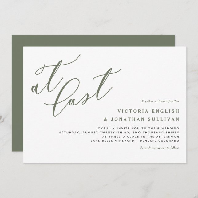 At Last Taupe Green Modern Calligraphy Wedding Invitation (Front/Back)