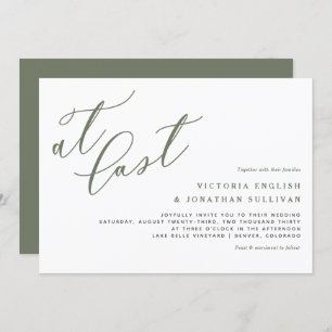 At Last Taupe Green Modern Calligraphy Wedding Invitation